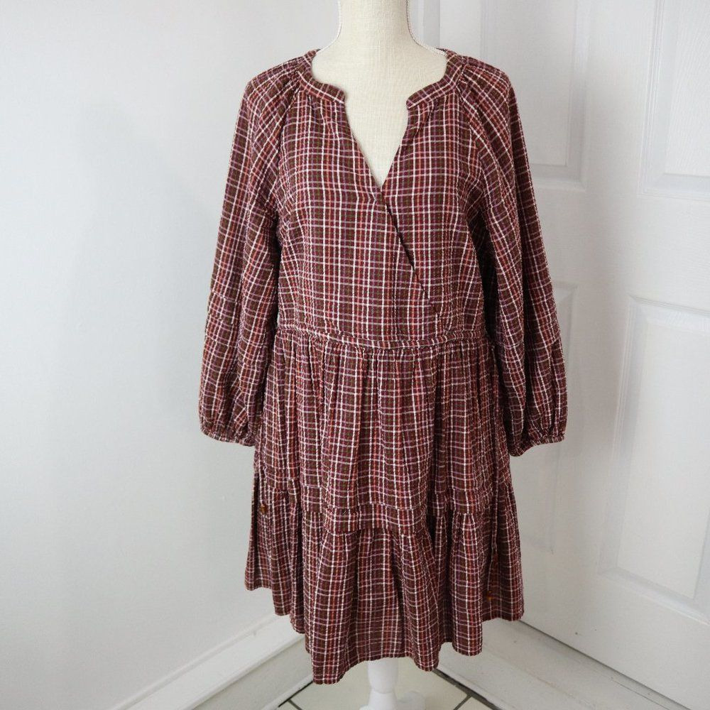 Madewell Wrap Dress Womens M Red Plaid Seersucker Mini Tiered Lined Ruffle